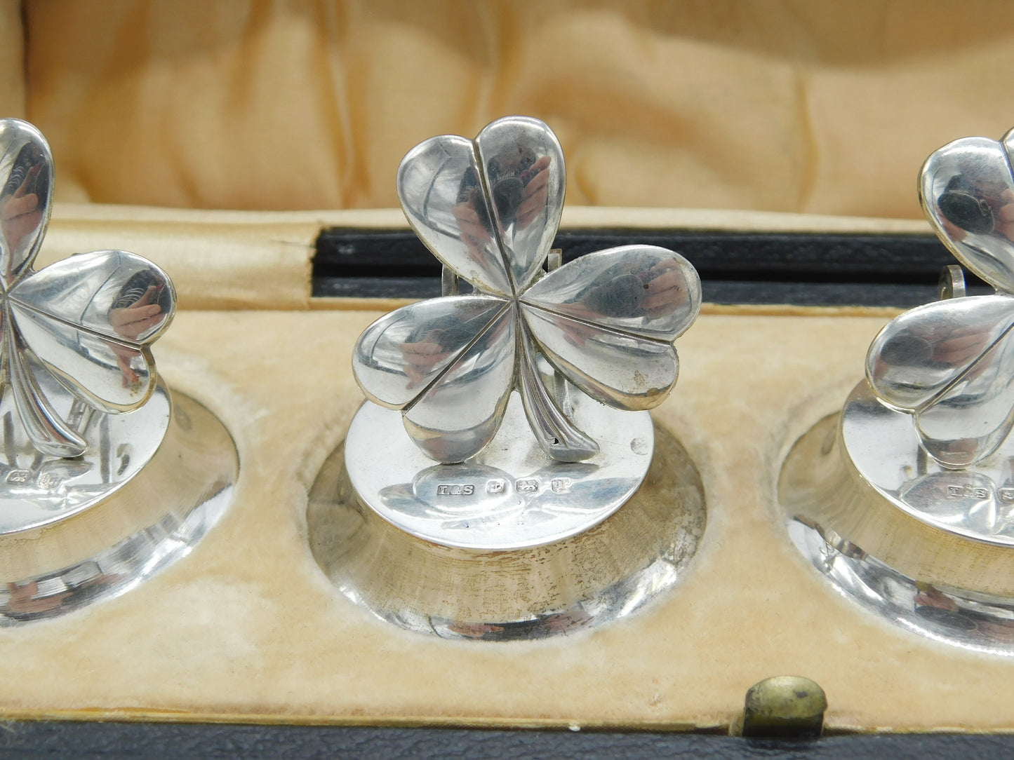 Edwardian Boxed Sterling Silver Lucky Shamrock Place Setting Set Antique 1910