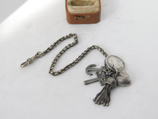 Victorian Sterling Silver Albertina Watch Chain Inc Tassel, Fob, Charms Antique