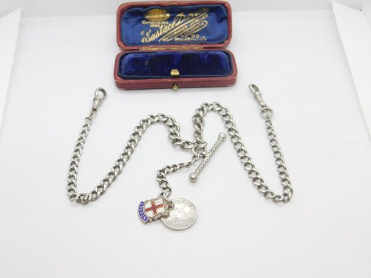 Victorian Sterling Silver Double Albert Watch Chain with Fobs Antique c1890