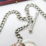 Victorian Sterling Silver Double Albert Watch Chain with Fobs Antique c1890