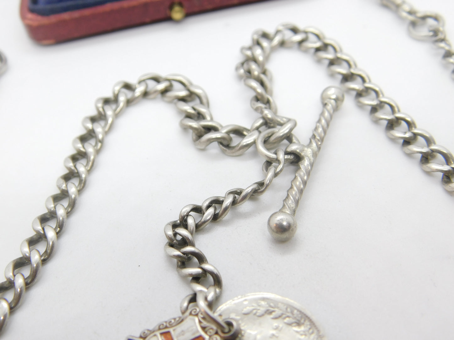 Victorian Sterling Silver Double Albert Watch Chain with Fobs Antique c1890