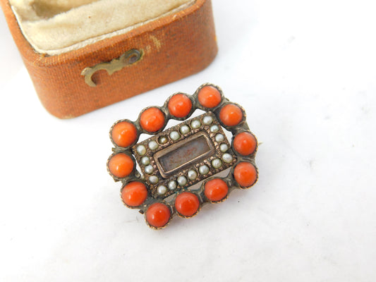 Georgian 9ct Rose Gold, Seed Pearl & Coral Mourning Brooch c1800 Antique