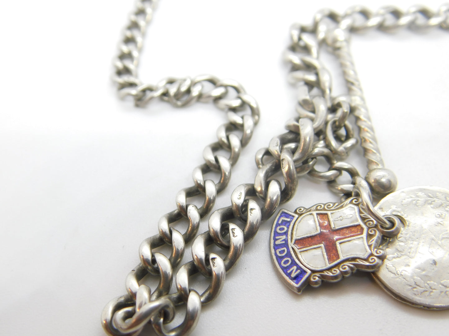 Victorian Sterling Silver Double Albert Watch Chain with Fobs Antique c1890