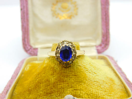 9ct Yellow Gold, Sapphire & Diamond Paste Floral Band Ring Antique c1930 Deco