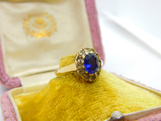 9ct Yellow Gold, Sapphire & Diamond Paste Floral Band Ring Antique c1930 Deco