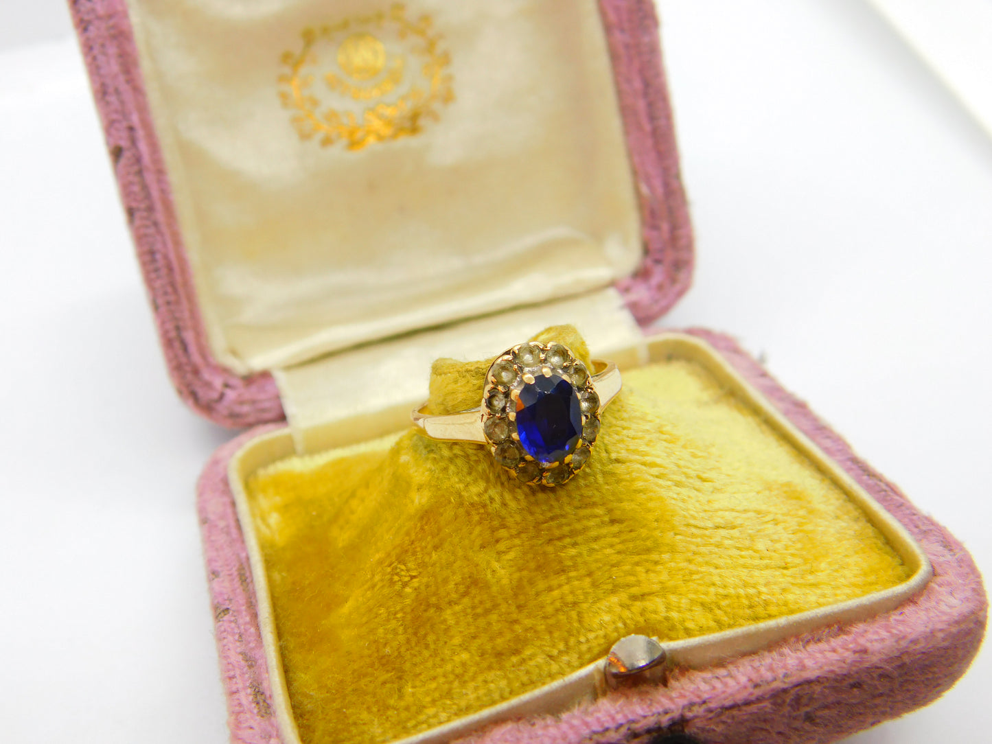 9ct Yellow Gold, Sapphire & Diamond Paste Floral Band Ring Antique c1930 Deco