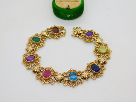 9ct Gold Acrostic Style Floral Stone Set Bracelet Ruby, Emerald Vintage c1990