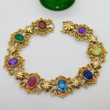 9ct Gold Acrostic Style Floral Stone Set Bracelet Ruby, Emerald Vintage c1990
