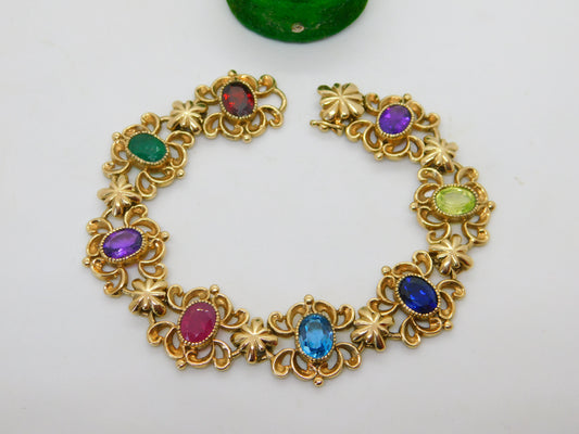 9ct Gold Acrostic Style Floral Stone Set Bracelet Ruby, Emerald Vintage c1990