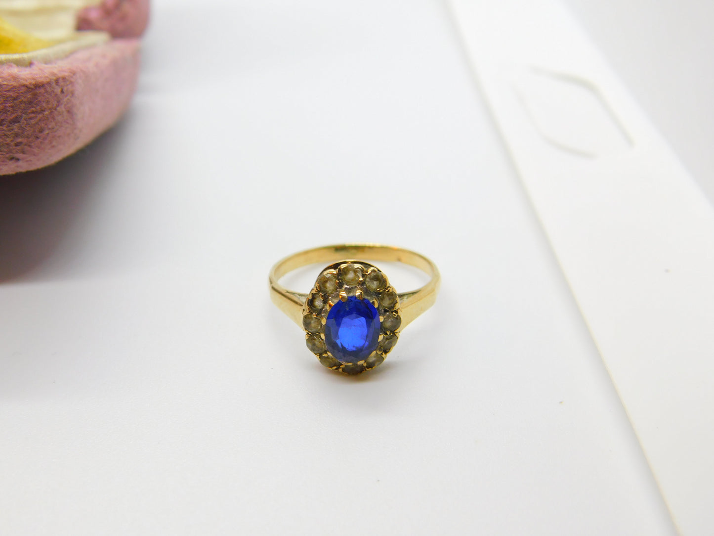 9ct Yellow Gold, Sapphire & Diamond Paste Floral Band Ring Antique c1930 Deco