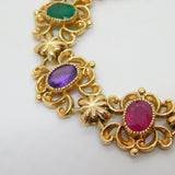 9ct Gold Acrostic Style Floral Stone Set Bracelet Ruby, Emerald Vintage c1990