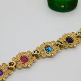 9ct Gold Acrostic Style Floral Stone Set Bracelet Ruby, Emerald Vintage c1990