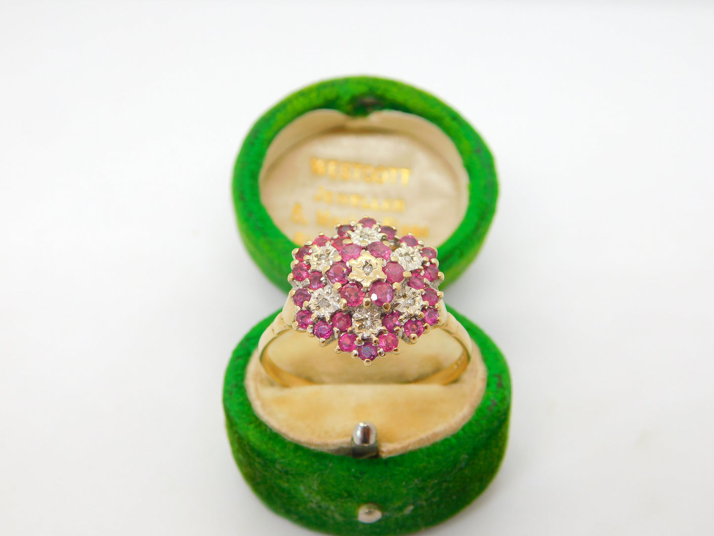 9ct Yellow Gold Ruby & Diamond Floral Cluster Ring Vintage 1988 London AF