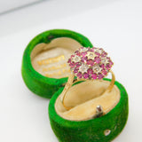 9ct Yellow Gold Ruby & Diamond Floral Cluster Ring Vintage 1988 London AF
