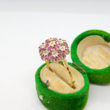 9ct Yellow Gold Ruby & Diamond Floral Cluster Ring Vintage 1988 London AF