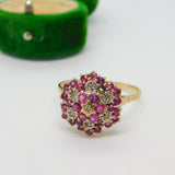 9ct Yellow Gold Ruby & Diamond Floral Cluster Ring Vintage 1988 London AF