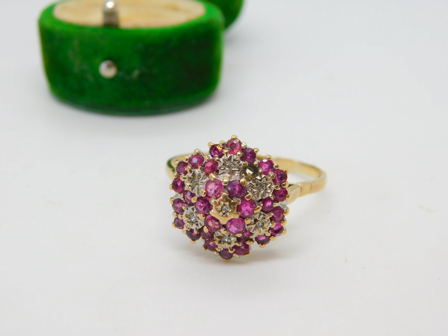 9ct Yellow Gold Ruby & Diamond Floral Cluster Ring Vintage 1988 London AF