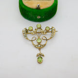 Edwardian 9ct Gold, Peridot & Seed Pearl Floral Lavelier Brooch Antique c1910