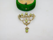 Edwardian 9ct Gold, Peridot & Seed Pearl Floral Lavelier Brooch Antique c1910