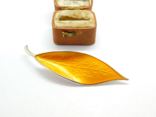 David Andersen Norway Sterling Silver Orange Enamel Leaf Brooch c1930 Antique