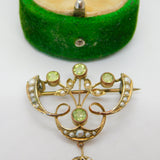 Edwardian 9ct Gold, Peridot & Seed Pearl Floral Lavelier Brooch Antique c1910