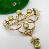 Edwardian 9ct Gold, Peridot & Seed Pearl Floral Lavelier Brooch Antique c1910