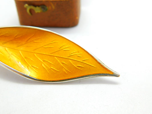 David Andersen Norway Sterling Silver Orange Enamel Leaf Brooch c1930 Antique