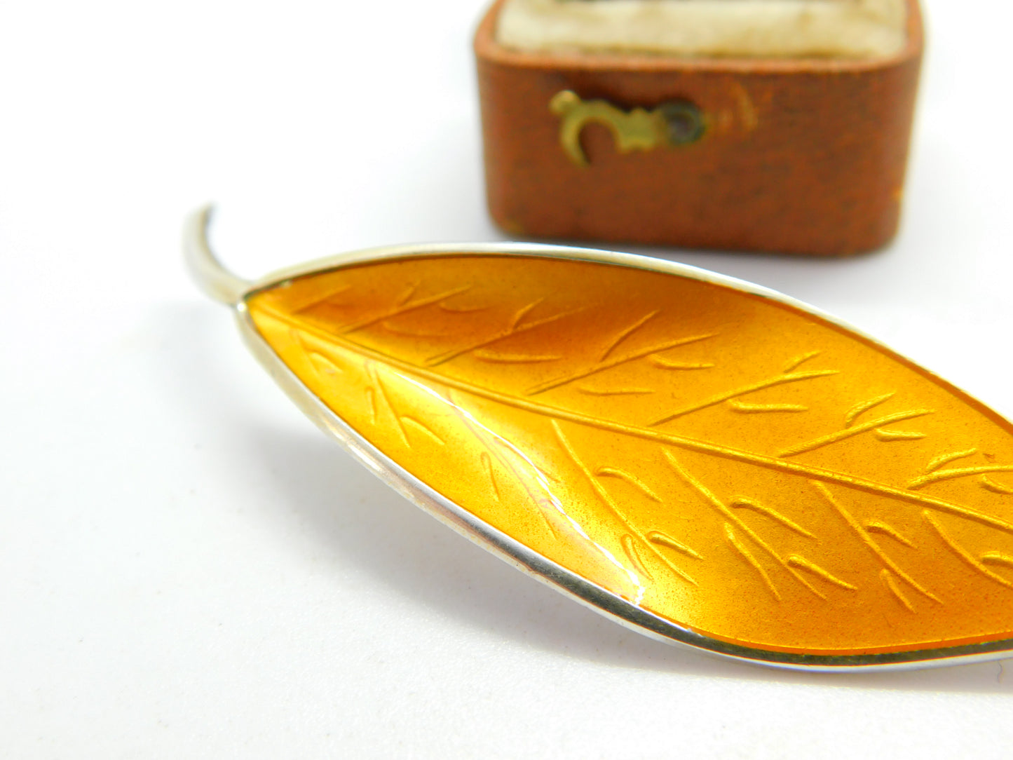 David Andersen Norway Sterling Silver Orange Enamel Leaf Brooch c1930 Antique