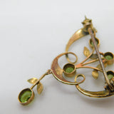Edwardian 9ct Gold, Peridot & Seed Pearl Floral Lavelier Brooch Antique c1910