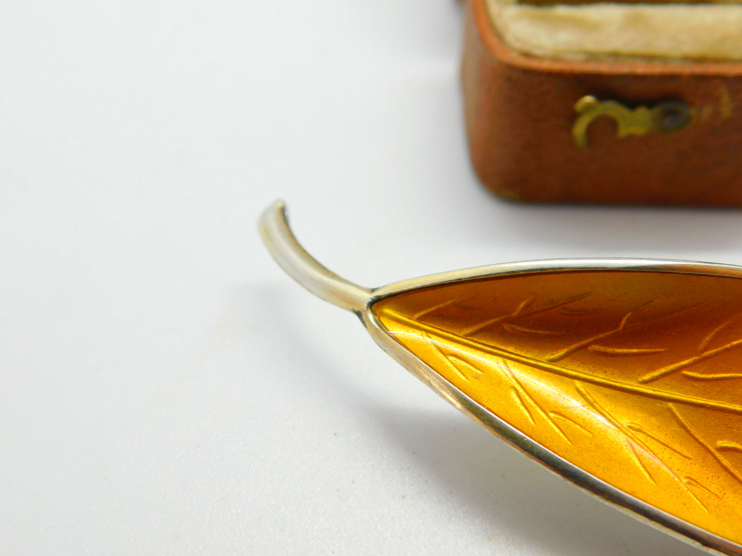 David Andersen Norway Sterling Silver Orange Enamel Leaf Brooch c1930 Antique