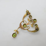 Edwardian 9ct Gold, Peridot & Seed Pearl Floral Lavelier Brooch Antique c1910