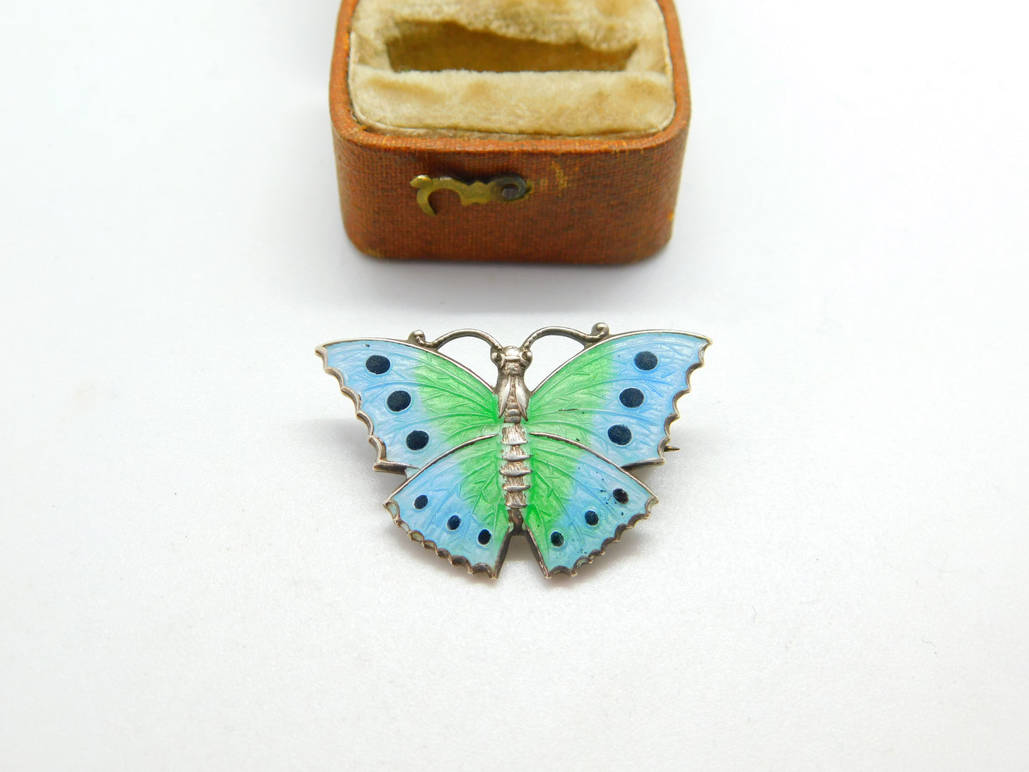 Sterling Silver Blue-Green Guilloche Enamel Butterfly Brooch Pin c1920 Antique