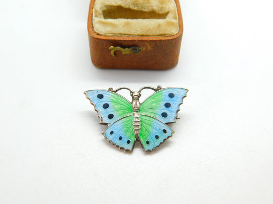 Sterling Silver Blue-Green Guilloche Enamel Butterfly Brooch Pin c1920 Antique