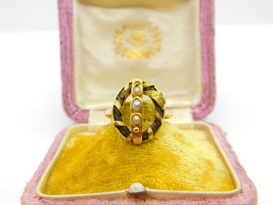 Georgian 18ct Yellow Gold, Hair Weave & Seed Pearl Mourning Ring Antique c1810