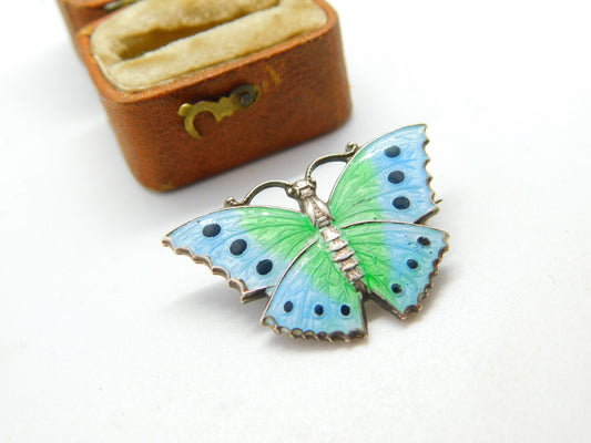 Sterling Silver Blue-Green Guilloche Enamel Butterfly Brooch Pin c1920 Antique