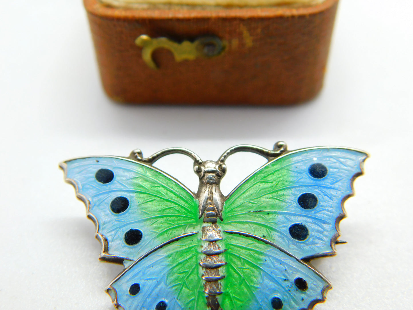 Sterling Silver Blue-Green Guilloche Enamel Butterfly Brooch Pin c1920 Antique