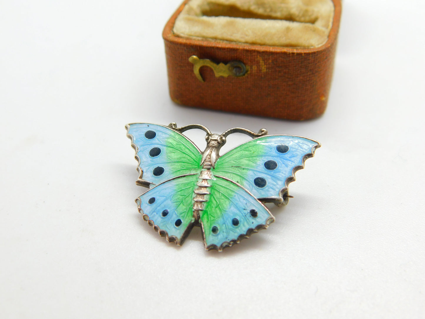 Sterling Silver Blue-Green Guilloche Enamel Butterfly Brooch Pin c1920 Antique