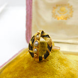Georgian 18ct Yellow Gold, Hair Weave & Seed Pearl Mourning Ring Antique c1810