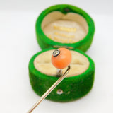Victorian 15ct Gold, Red Coral & Old Cut Diamond Stick Pin Antique c1840
