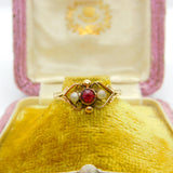 Victorian French 9ct Gold, Garnet & Seed Pearl Floral Band Ring Antique c1900