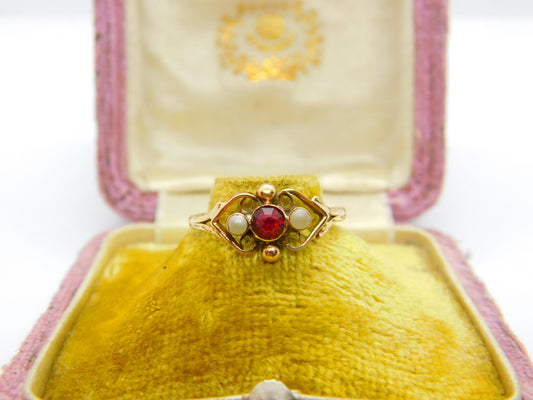 Victorian French 9ct Gold, Garnet & Seed Pearl Floral Band Ring Antique c1900