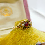 Victorian French 9ct Gold, Garnet & Seed Pearl Floral Band Ring Antique c1900