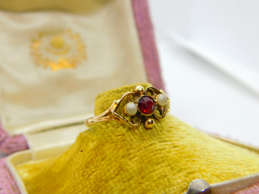 Victorian French 9ct Gold, Garnet & Seed Pearl Floral Band Ring Antique c1900