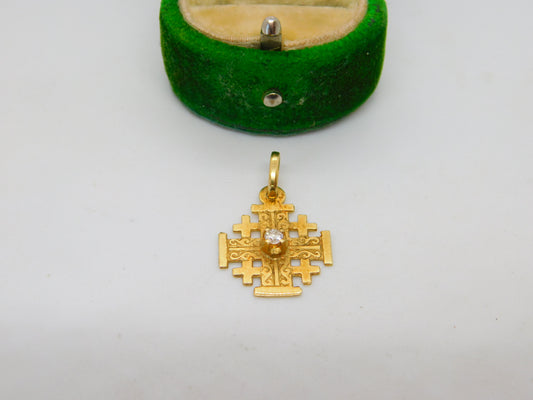 18ct Yellow Gold & 0.1ct Diamond Jerusalem Cross Pendant Vintage c1960
