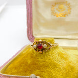 Victorian French 9ct Gold, Garnet & Seed Pearl Floral Band Ring Antique c1900