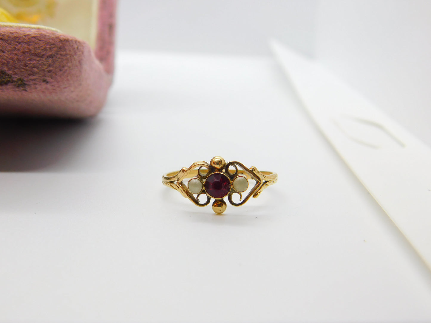 Victorian French 9ct Gold, Garnet & Seed Pearl Floral Band Ring Antique c1900