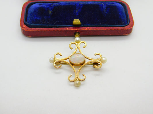 9ct Gold Victorian Style Fire Opal & Pearl Brooch Pendant Vintage 1985 Birmingham