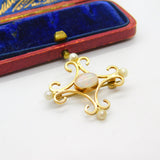 9ct Gold Victorian Style Fire Opal & Pearl Brooch Pendant Vintage 1985 Birmingham