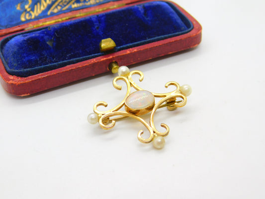 9ct Gold Victorian Style Fire Opal & Pearl Brooch Pendant Vintage 1985 Birmingham