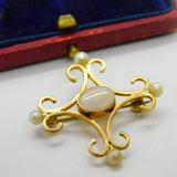 9ct Gold Victorian Style Fire Opal & Pearl Brooch Pendant Vintage 1985 Birmingham